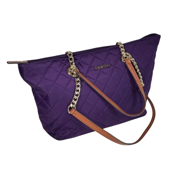 Calvin Klein Quilted Tote Bag Purple Chain Leather Handles Gold Hardware Preppy - Picture 2 of 14